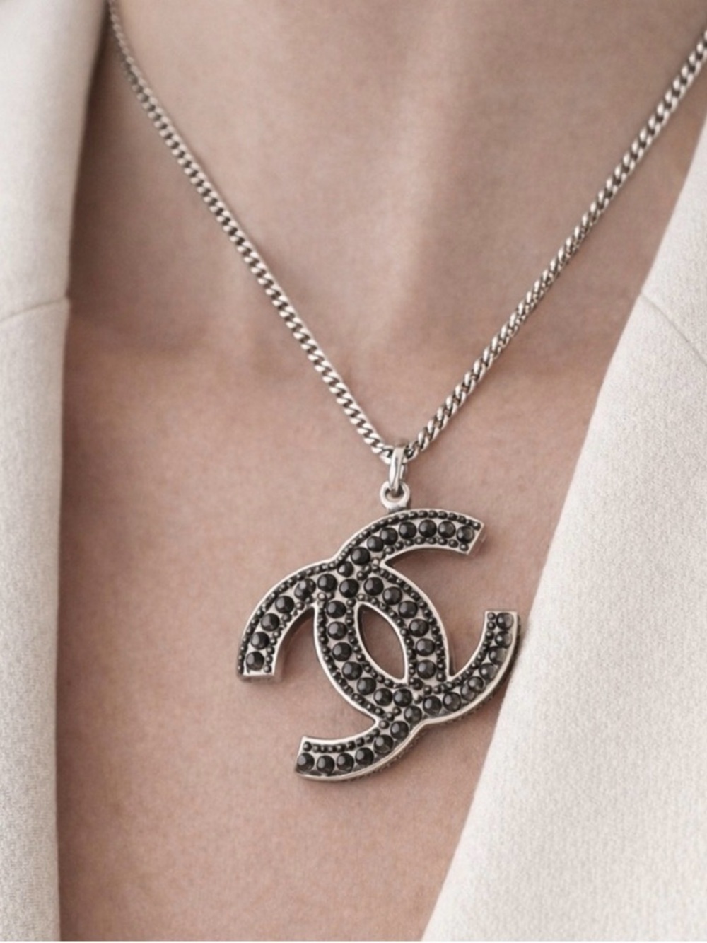 Chanel Silver and Black Rhinestone Pendant Necklace